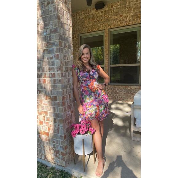 SALONI Pink Printed Silk Flutter Sleeves V-Neckline Ruffled Skirt Catia Dress 4 - Picture 12 of 15